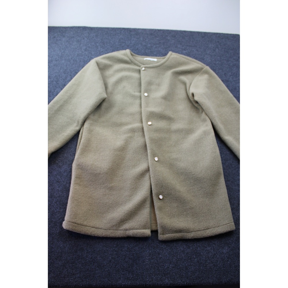 Fashion Star Quality Olive Green Collarless Snap Front Fleece Coat Mid Length